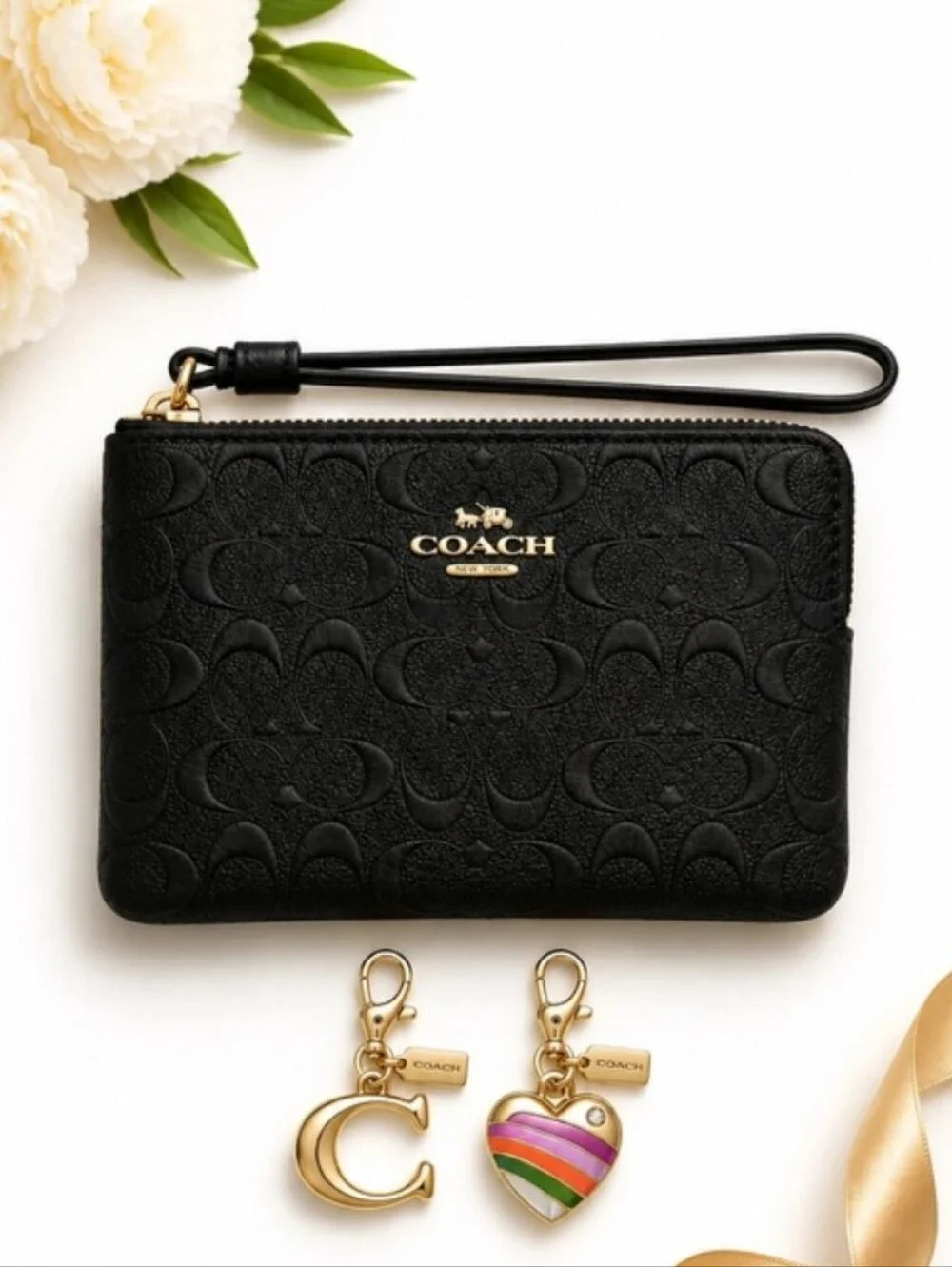 COACH Boxed Corner Zip Wristlet in Signature Leather with Charms CF358 NWT